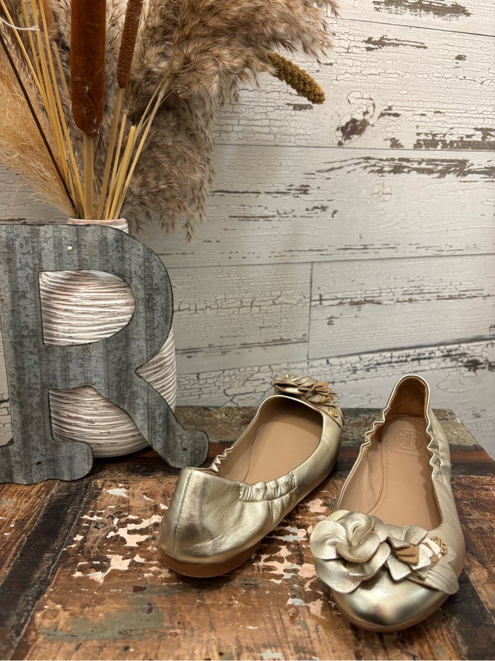 Tory Burch Metallic Blossom Gold Flower-Embellished Ballet Flats